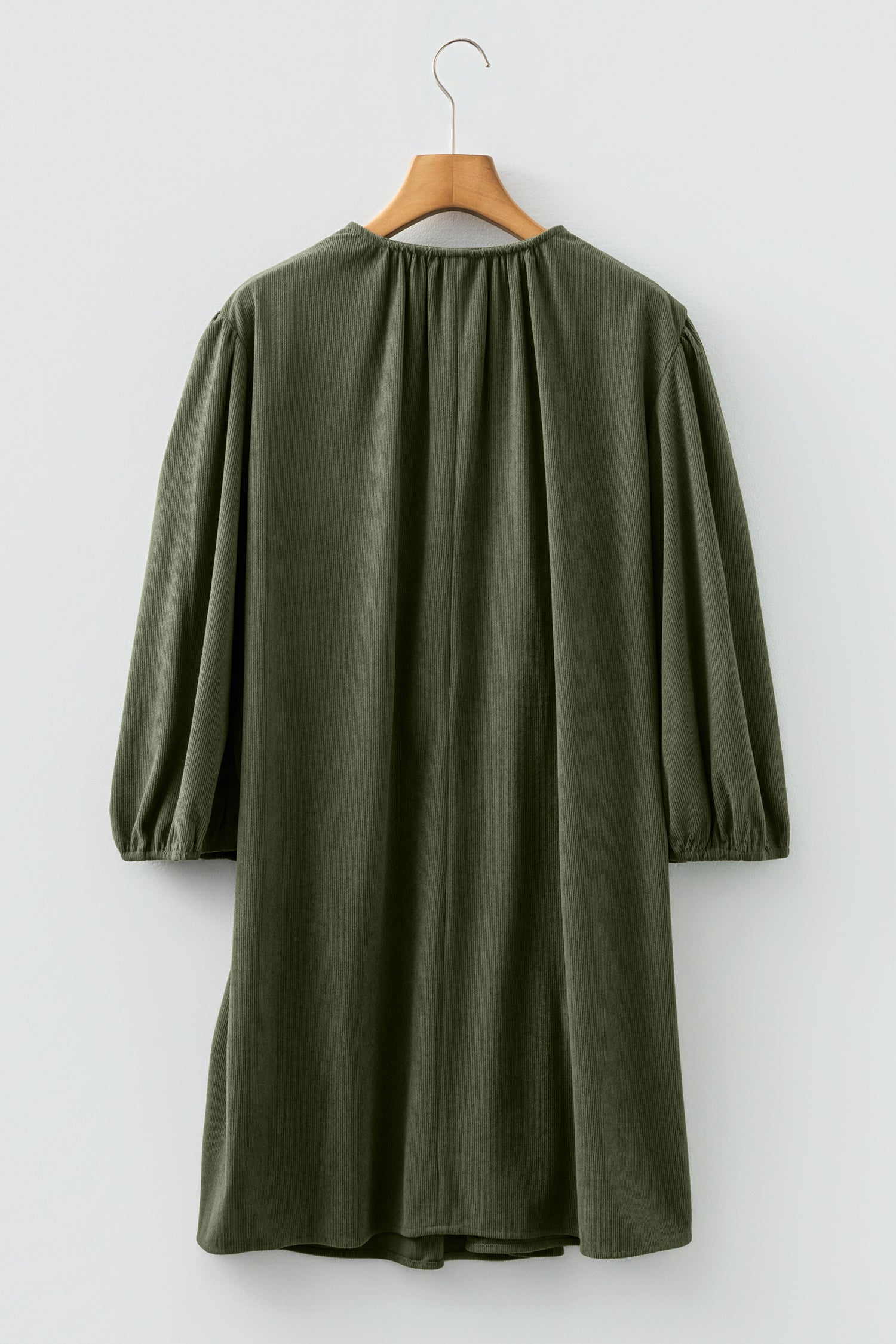 Corduroy Mini Dress Scallop Detail Split Neck Bracelet Sleeve Moss Green Cinnamon S-XL
