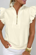 Shop Zip-Up Collared Ruffled Short Sleeve Blouse at LivelyLooks