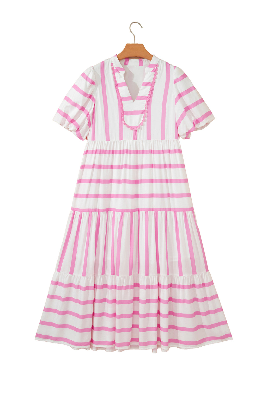 Shop Women's Stripe Ricrac Trim Notched V-Neck Puff Sleeve Midi Dress Pink at LivelyLooks