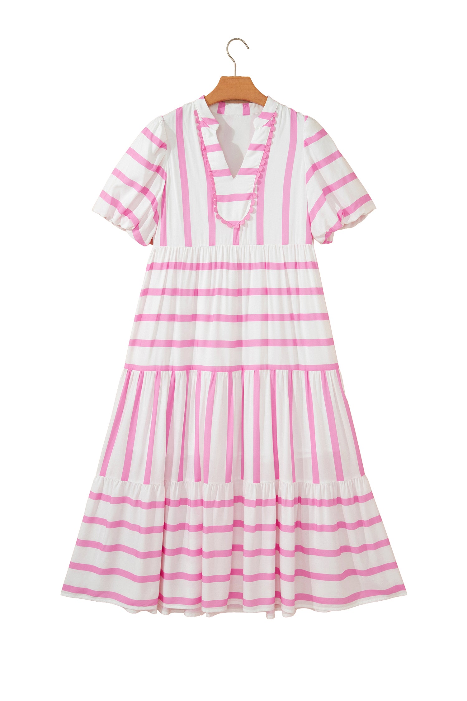 Shop Women's Stripe Ricrac Trim Notched V-Neck Puff Sleeve Midi Dress Pink at LivelyLooks