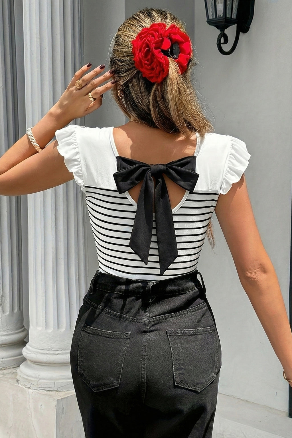 Shop White Stripe Ruffle Trim Knot Back Tank Top | Sizes S-XL at LivelyLooks