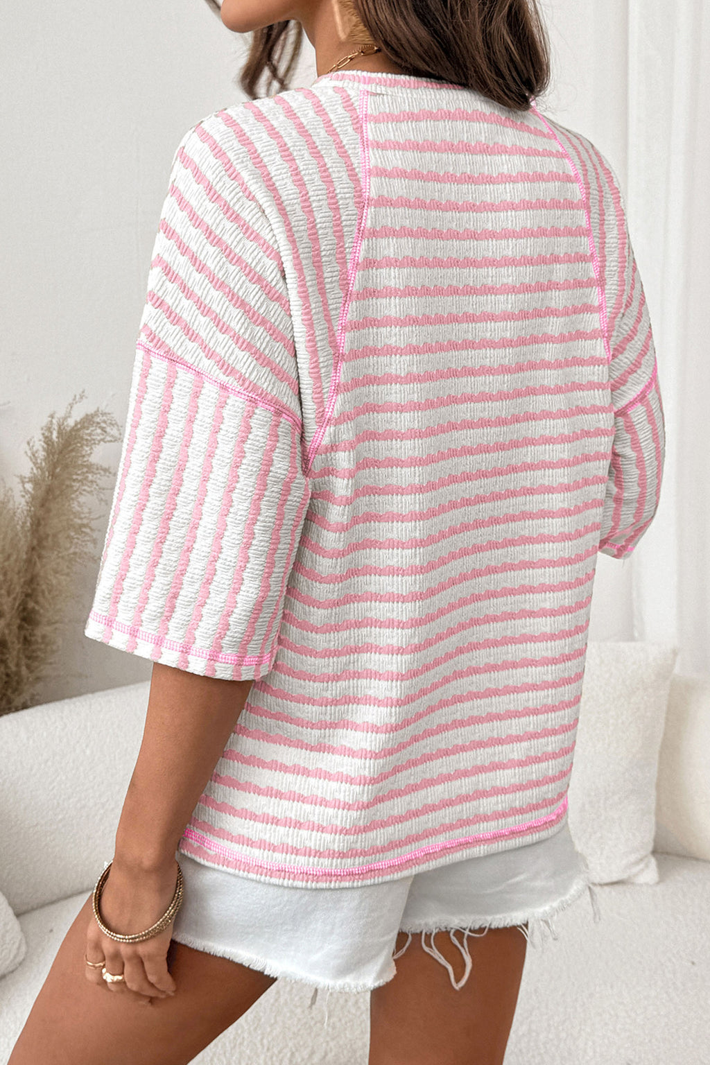 LivelyLooks Brown Stripe Textured Knit Split Hem Half Sleeve Loose Top women's fashion