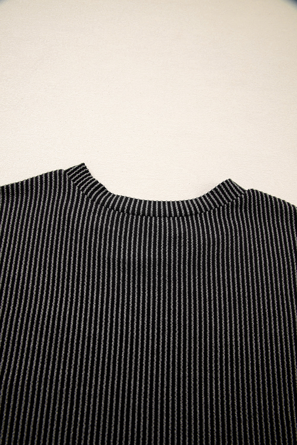 Corded Rib Knit Colour Block Patch Pocket Crew Neck Tee | Pink Blue Grey