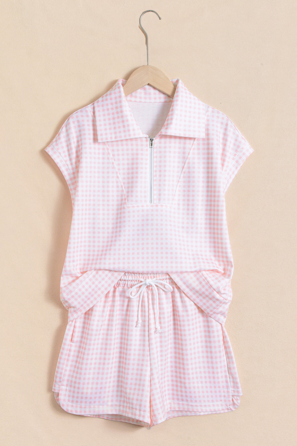 Pink Plaid Two Piece Short Set Zip Neck Sleeveless Top Elastic Waist Shorts S-XL