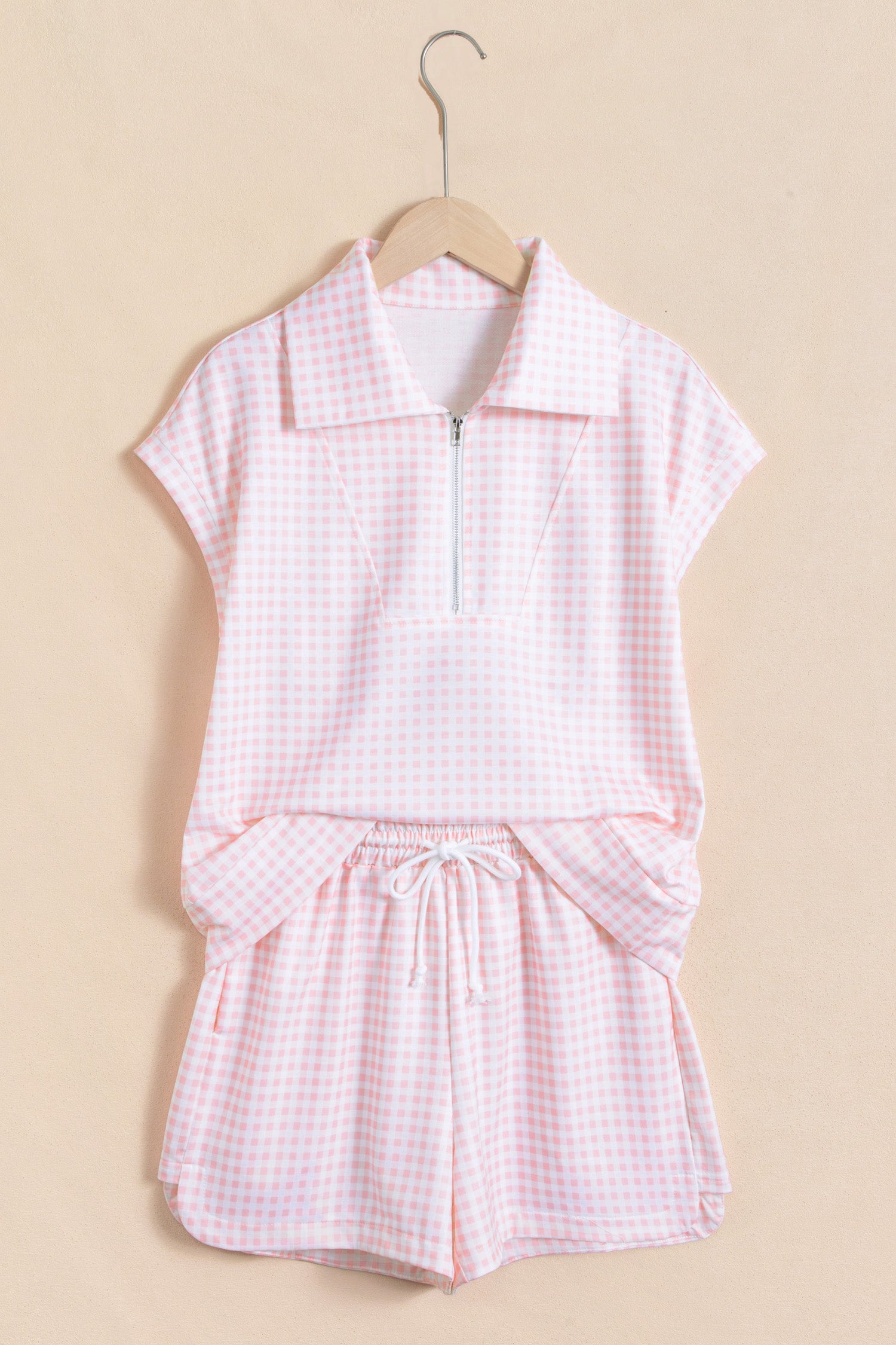 Pink Plaid Two Piece Short Set Zip Neck Sleeveless Top Elastic Waist Shorts S-XL
