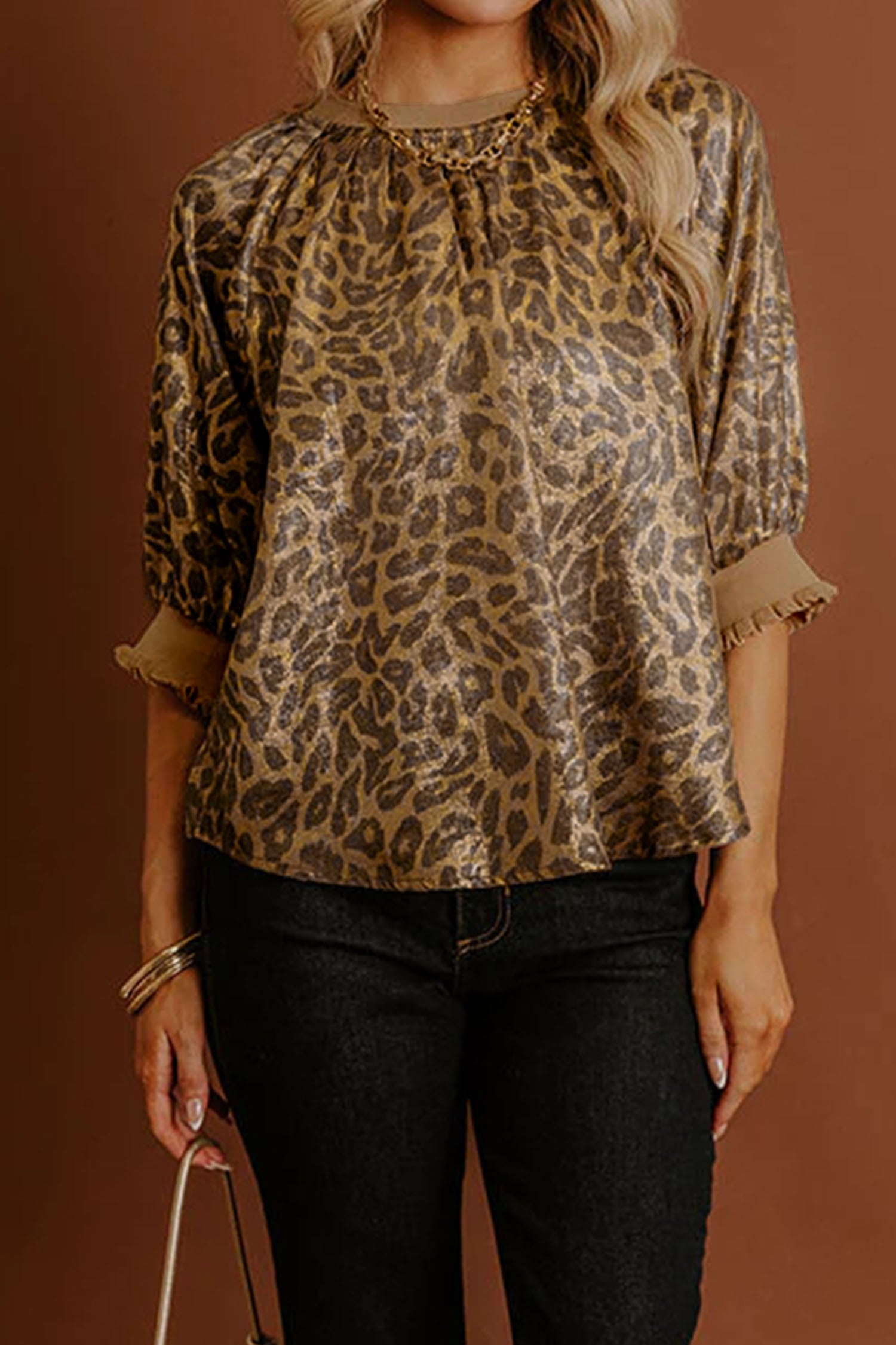 Gold Half Sleeve Metallic Leopard Print Blouse | UK 12–20