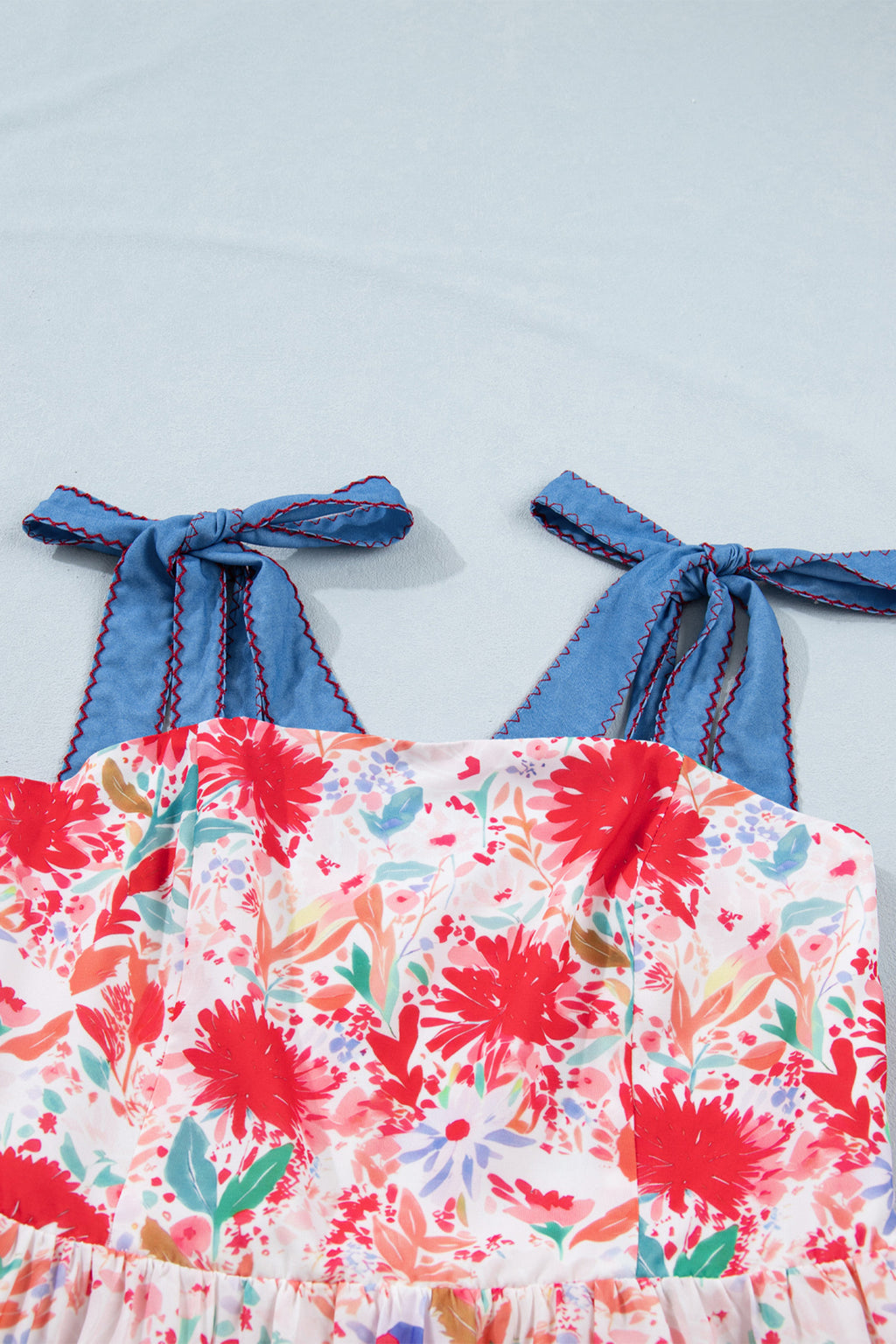 LivelyLooks Yellow Floral Print Contrast Stitched Knot Denim Straps High Waist Dress women's fashion