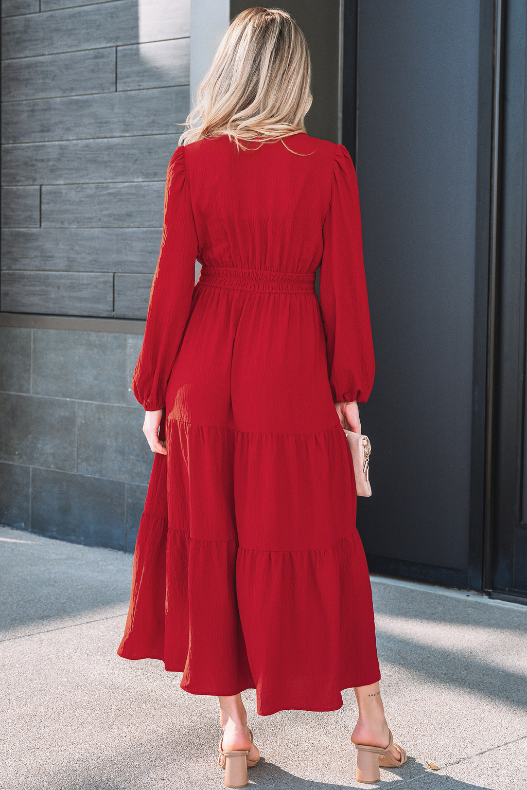 Racing Red Embroidered Cinched Waist Tiered Long Sleeve Maxi Dress S-XL