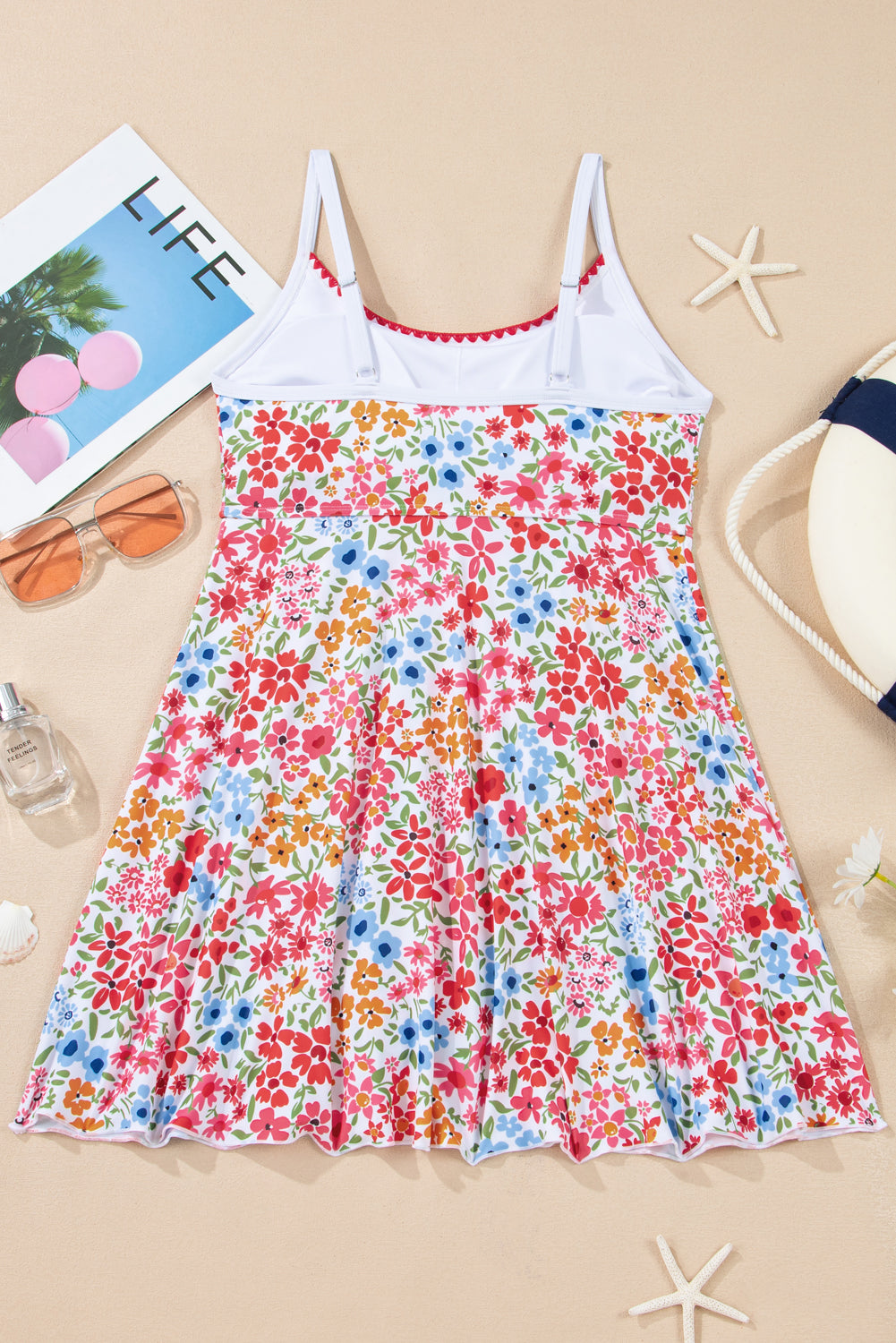 Women's Women Floral Print Ricrac Trim Spaghetti Strap One Piece Swim Dress S-2XL at LivelyLooks