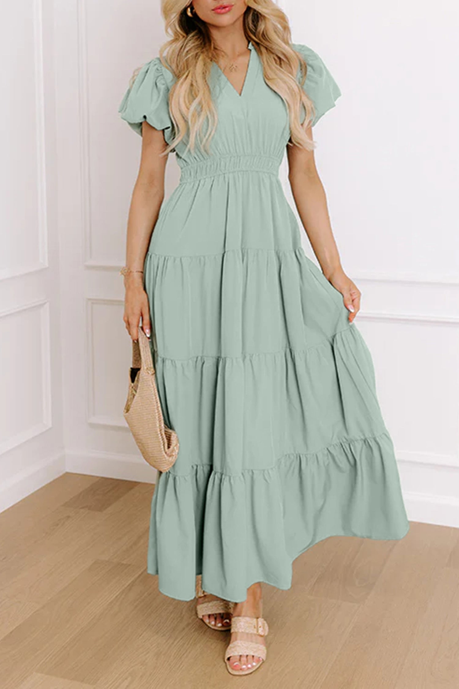 Women's Solid Colour V Neck Puff Sleeve High Waist Tiered Maxi Dress | S-XL at LivelyLooks