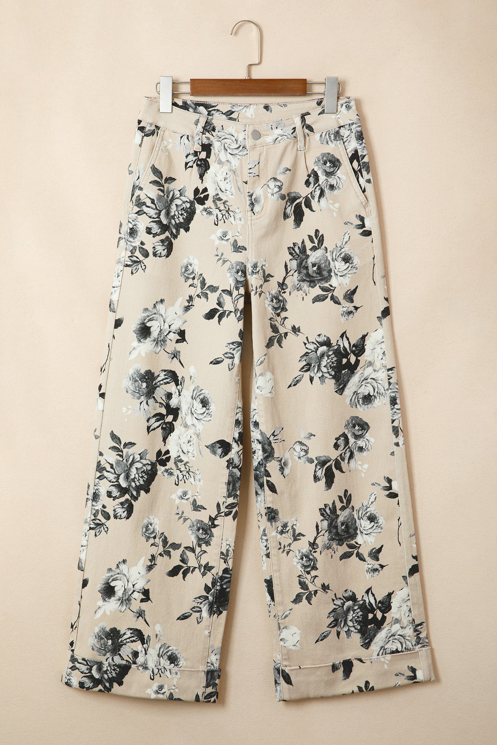Beige Retro Floral Print Loose Jeans Turn-Up Cuffed Hem Women UK 4-16