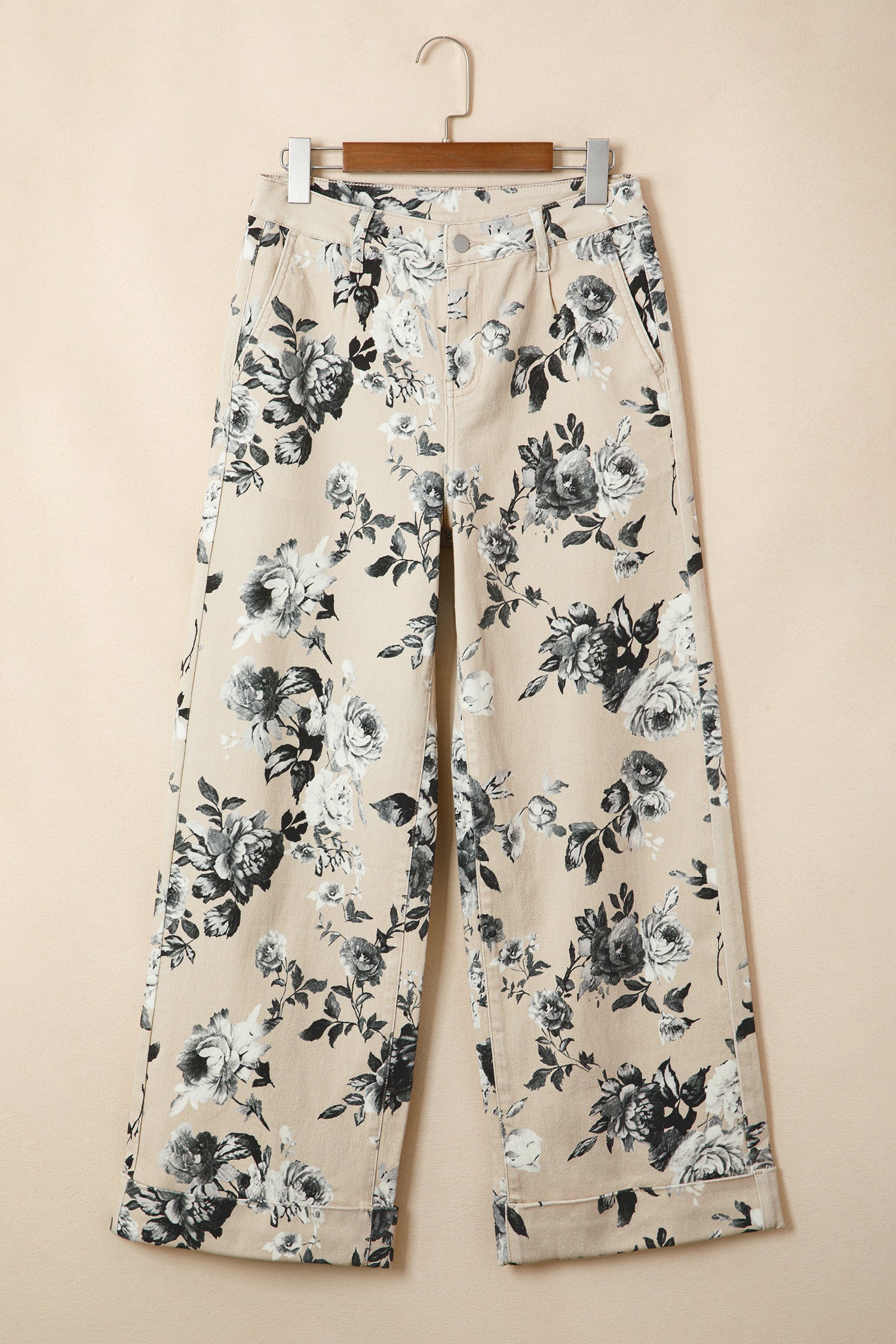 Beige Retro Floral Print Loose Jeans Turn-Up Cuffed Hem Women UK 4-16