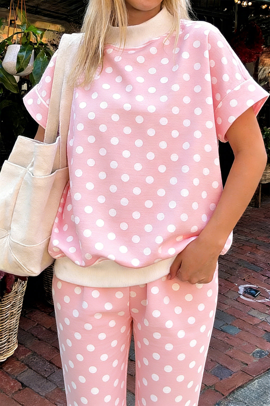 Women's Pink Polka Dot Mock Neck Short Sleeve Top & Shift Pant Co-ord Set S-XL at LivelyLooks
