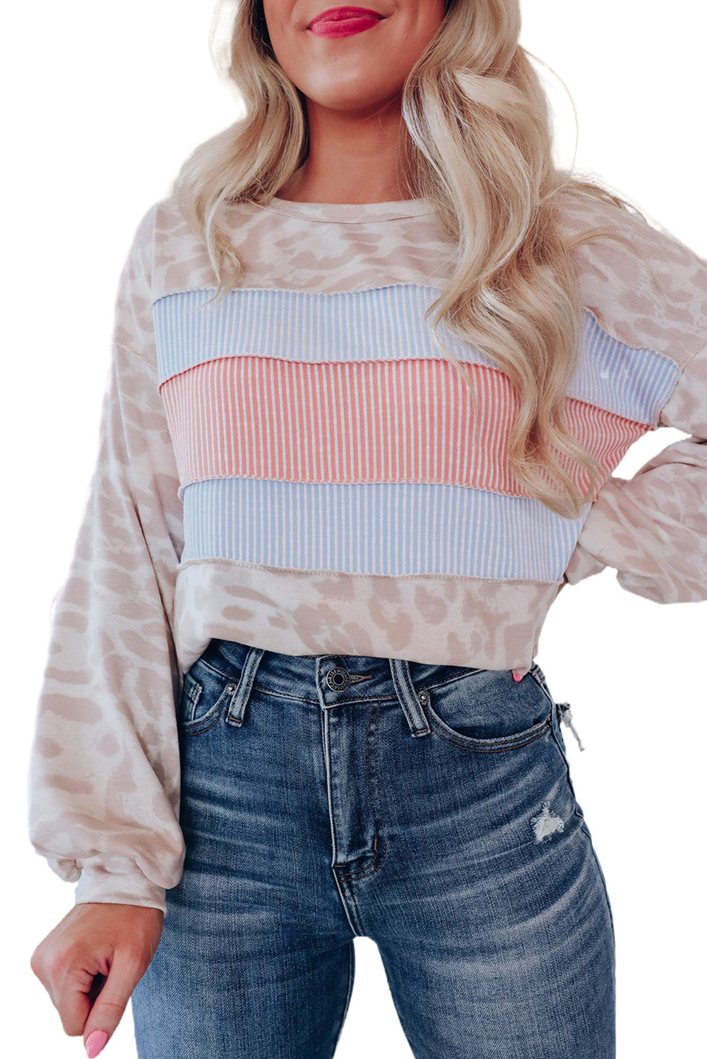 Leopard Print Puff Sleeve Knit Top Contrast Stripe Patchwork Women S-XL
