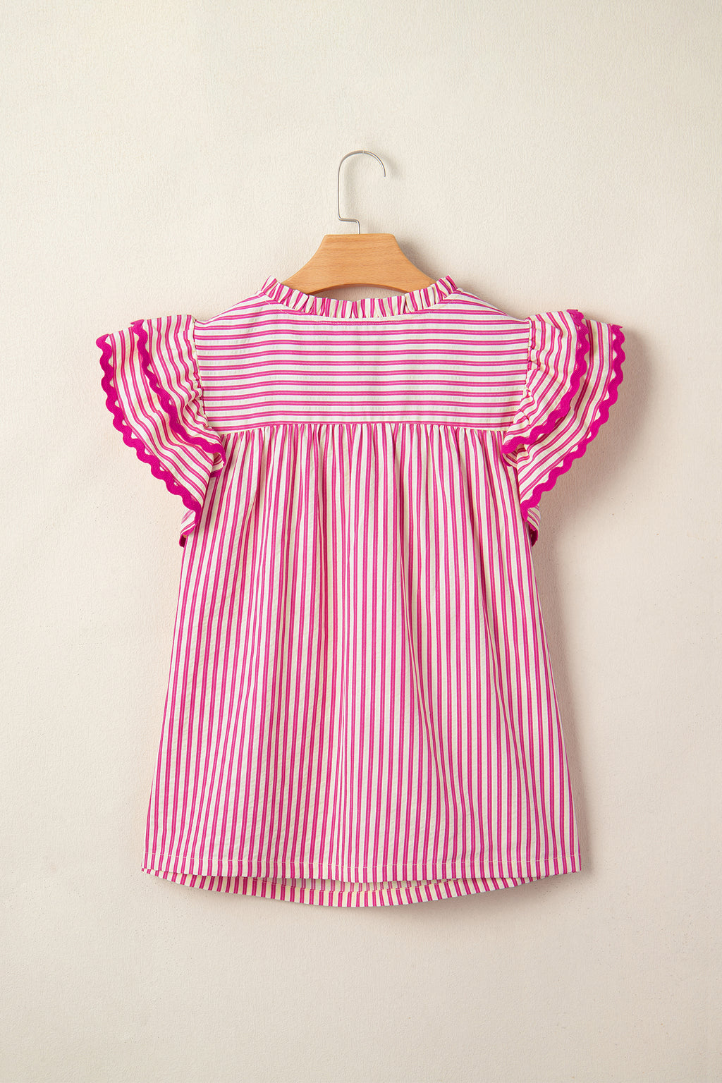 Women's Rose Stripe Shirred Yoke Ruffled Short Sleeve Blouse at LivelyLooks