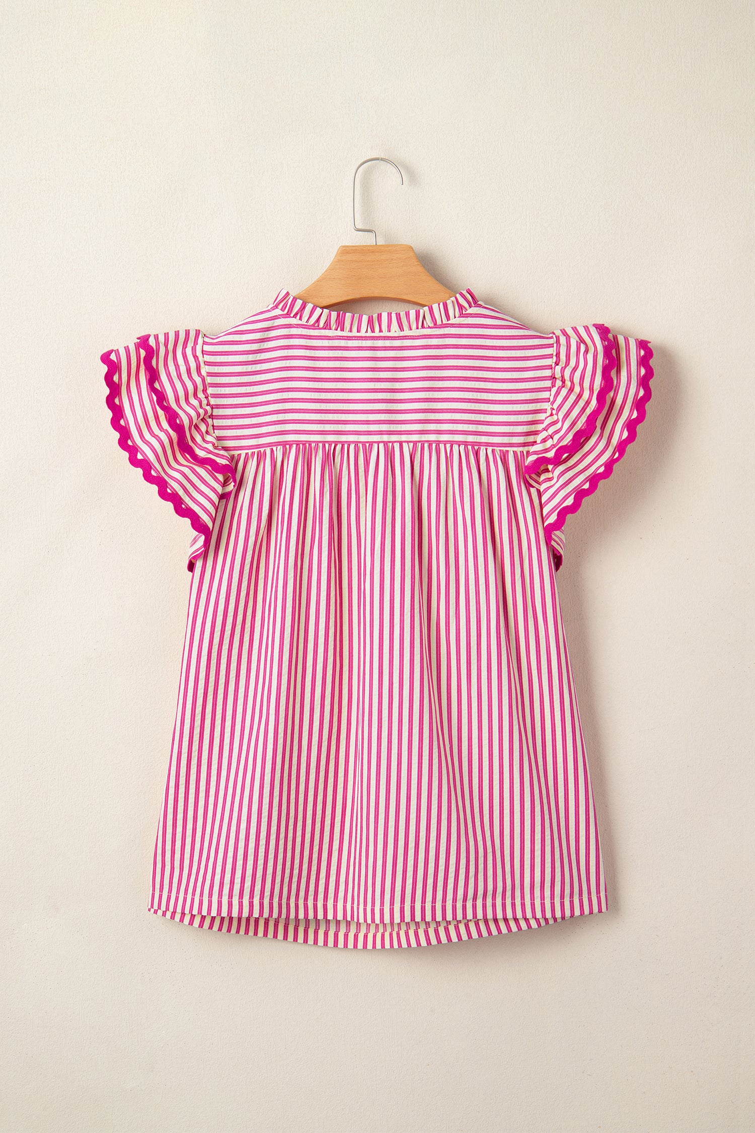 Women's Rose Stripe Shirred Yoke Ruffled Short Sleeve Blouse at LivelyLooks