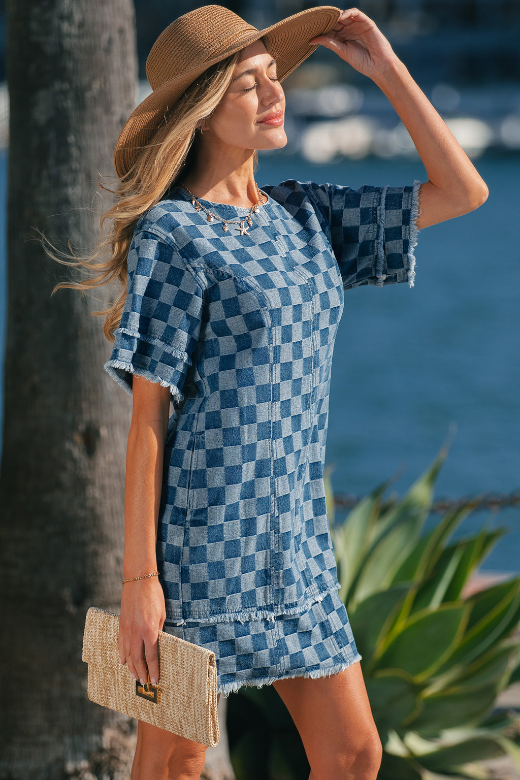 LivelyLooks Checkered Frayed Hem Patchwork Denim Mini Dress Blue S-XL women's fashion