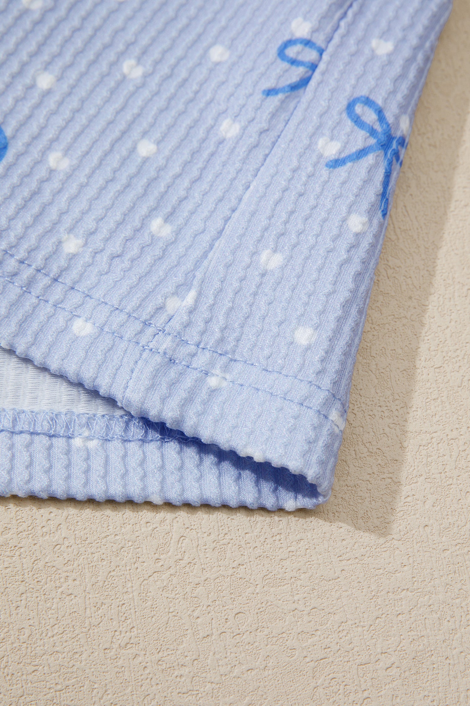 Sky Blue Tiny Heart & Bow Print Twisted Rib Loose 2pcs Short Set