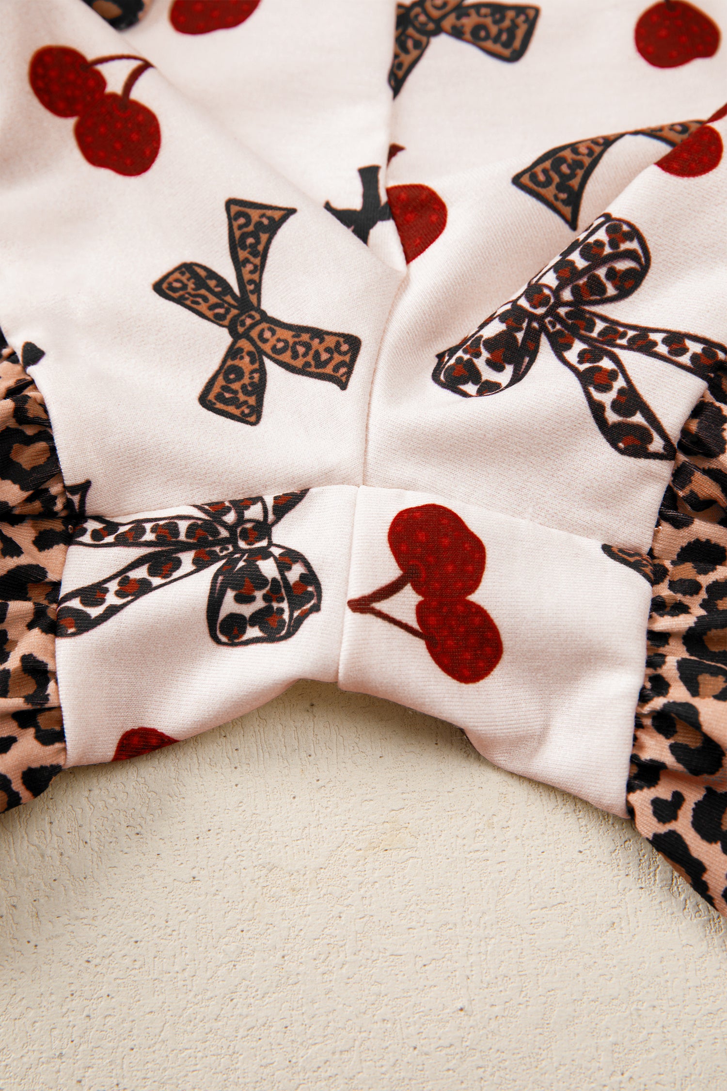 Shop White Cherry Print Leopard Patchwork PJ Set Bow Shirt and Drawstring Shorts Pyjamas at LivelyLooks