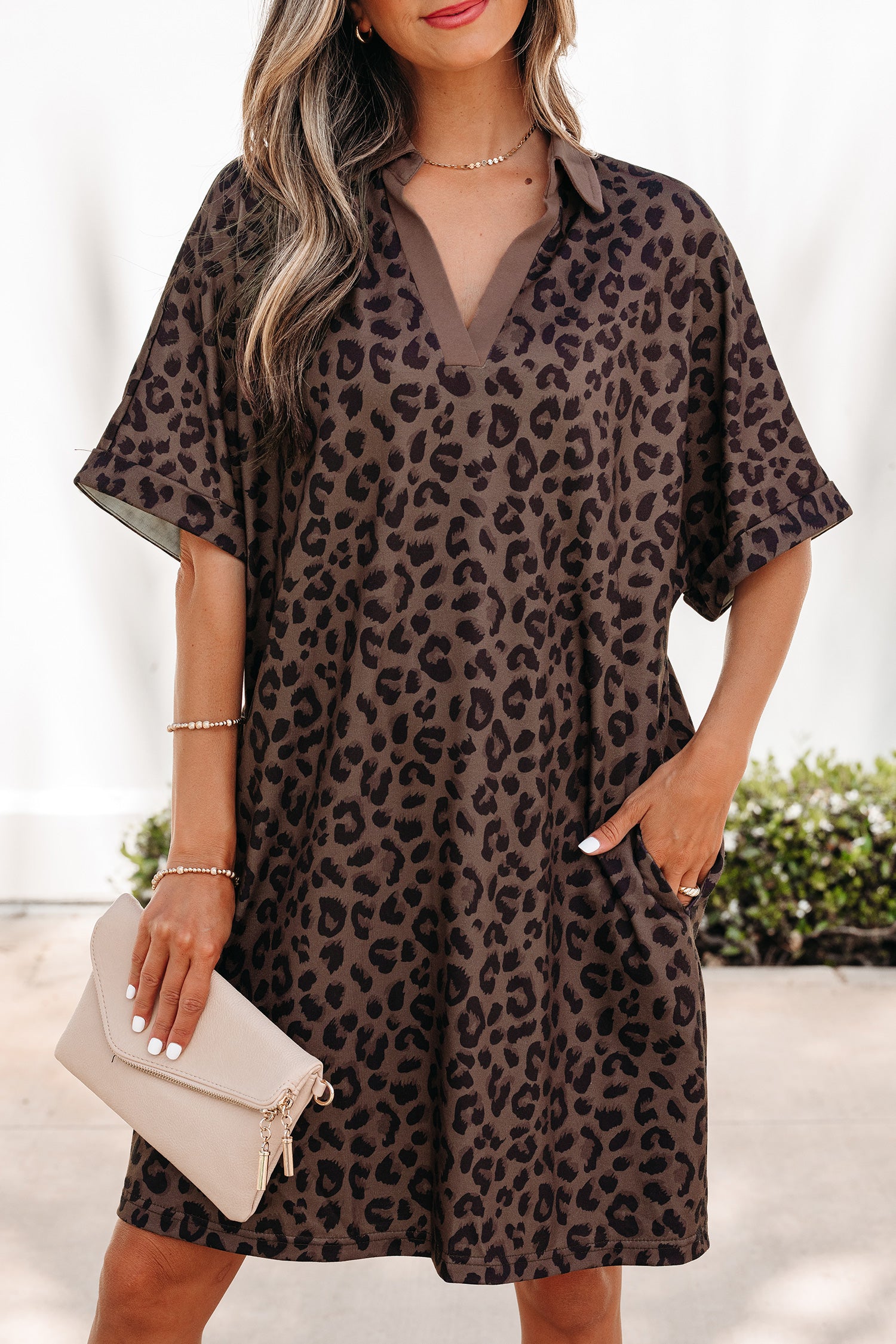 Brown Leopard Print Contrast Collar V Neck Mini Dress S-XL