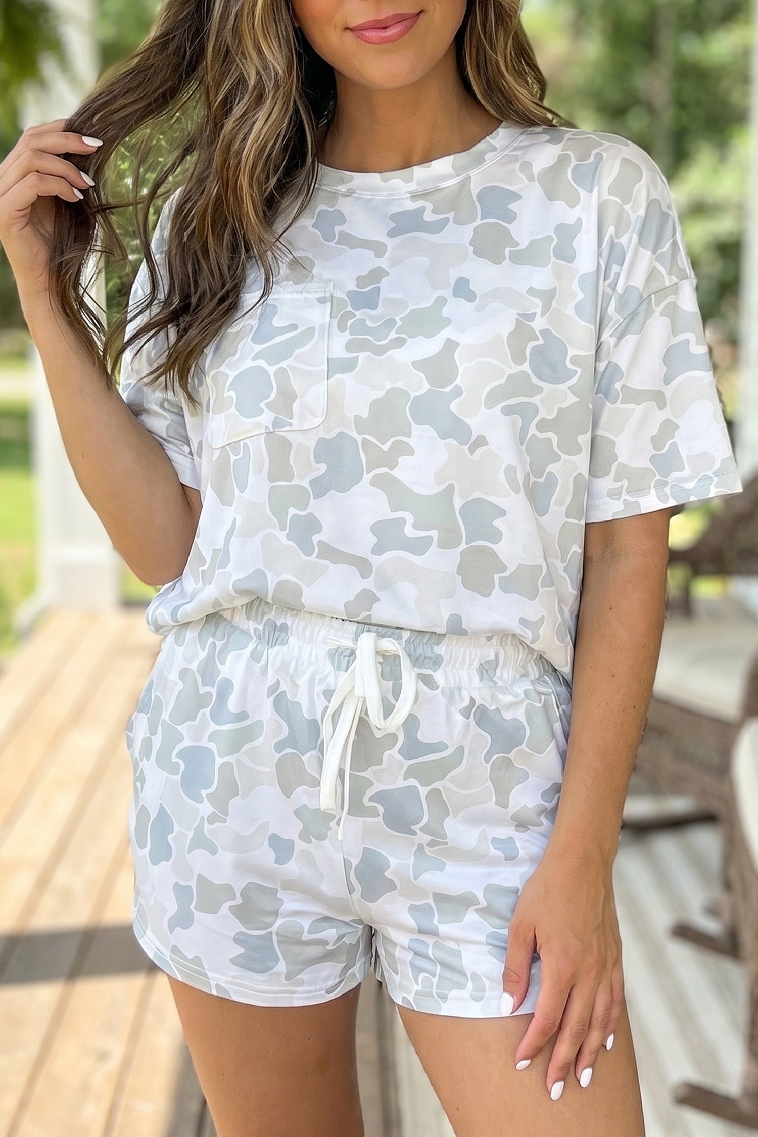 Multicolour Camouflage Print Casual Tee & Drawstring Shorts Co-ord Set