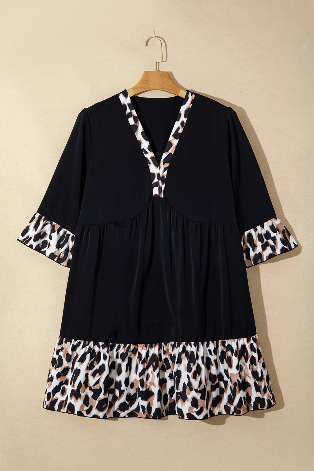 Women's Black Plus Size Leopard Patchwork V Neck 3/4 Sleeve Ruffle Hem Mini Dress at LivelyLooks