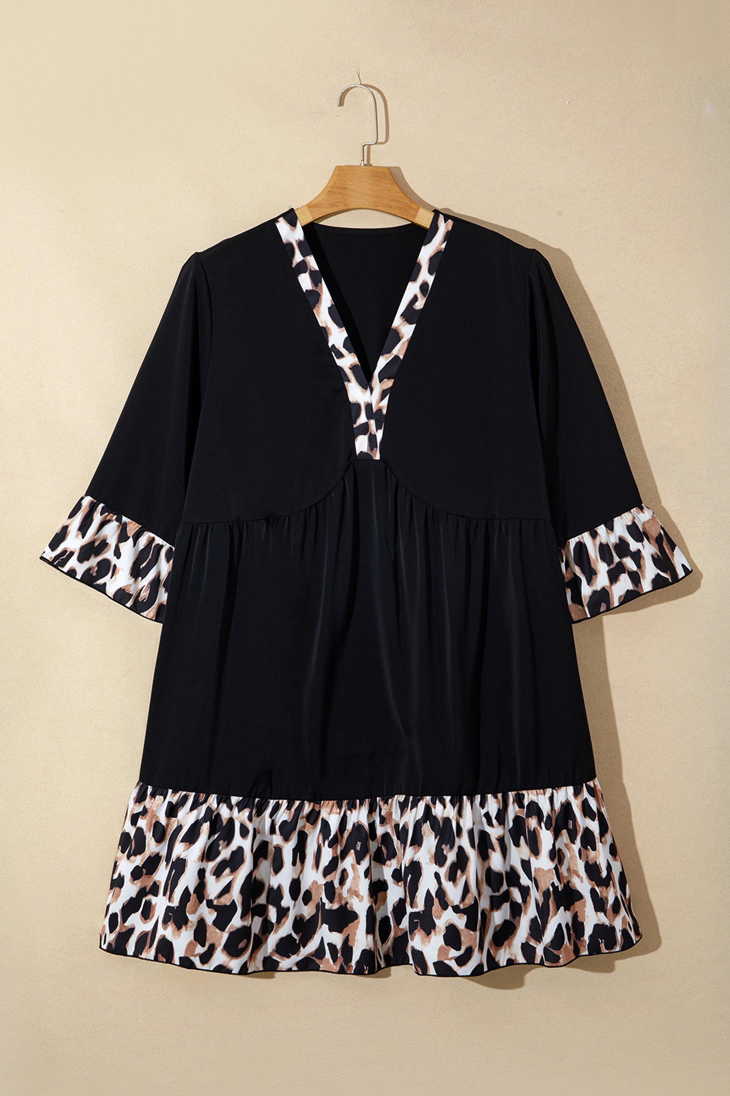 Women's Black Plus Size Leopard Patchwork V Neck 3/4 Sleeve Ruffle Hem Mini Dress at LivelyLooks