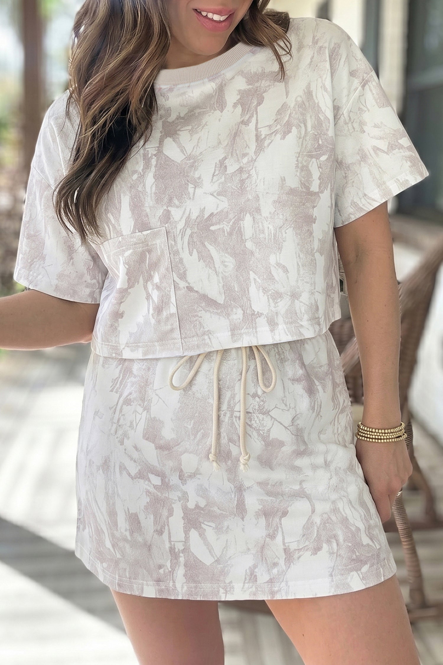 Grey Camo Print Raw Edge Cropped Top & Mini Skirt Co-ord Set