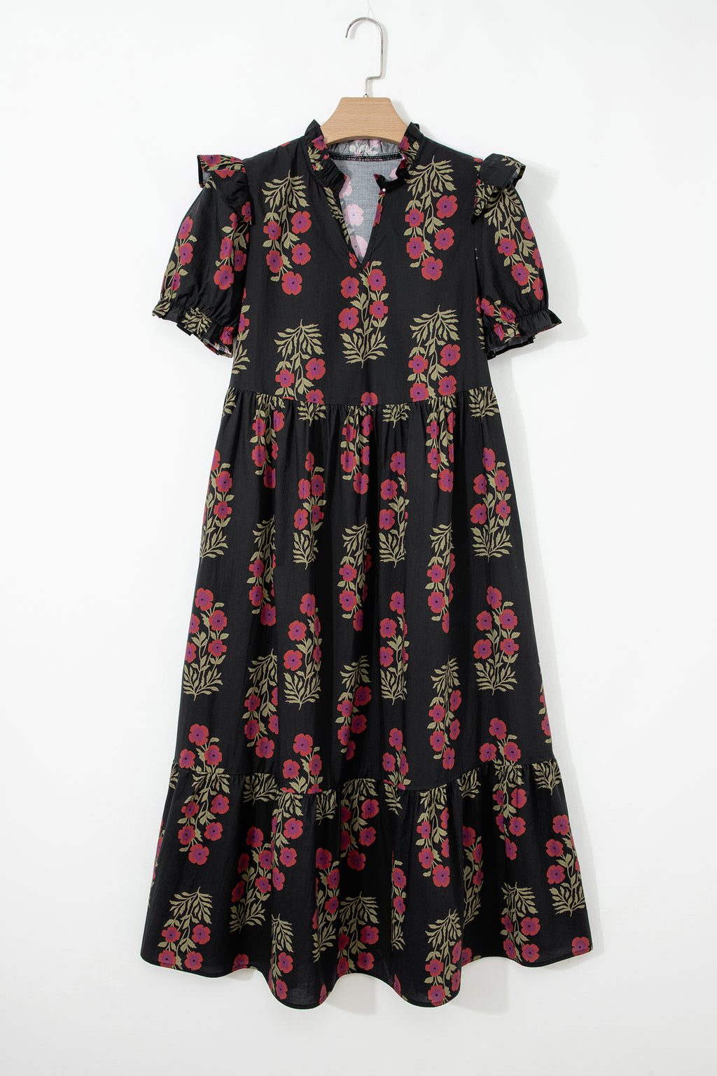 Floral Tiered Maxi Dress Bubble Sleeve Beige Black Women S-XL