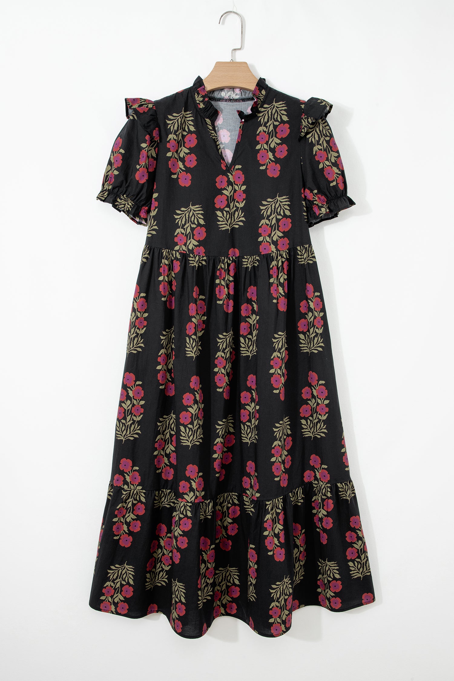 Floral Tiered Maxi Dress Bubble Sleeve Beige Black Women S-XL