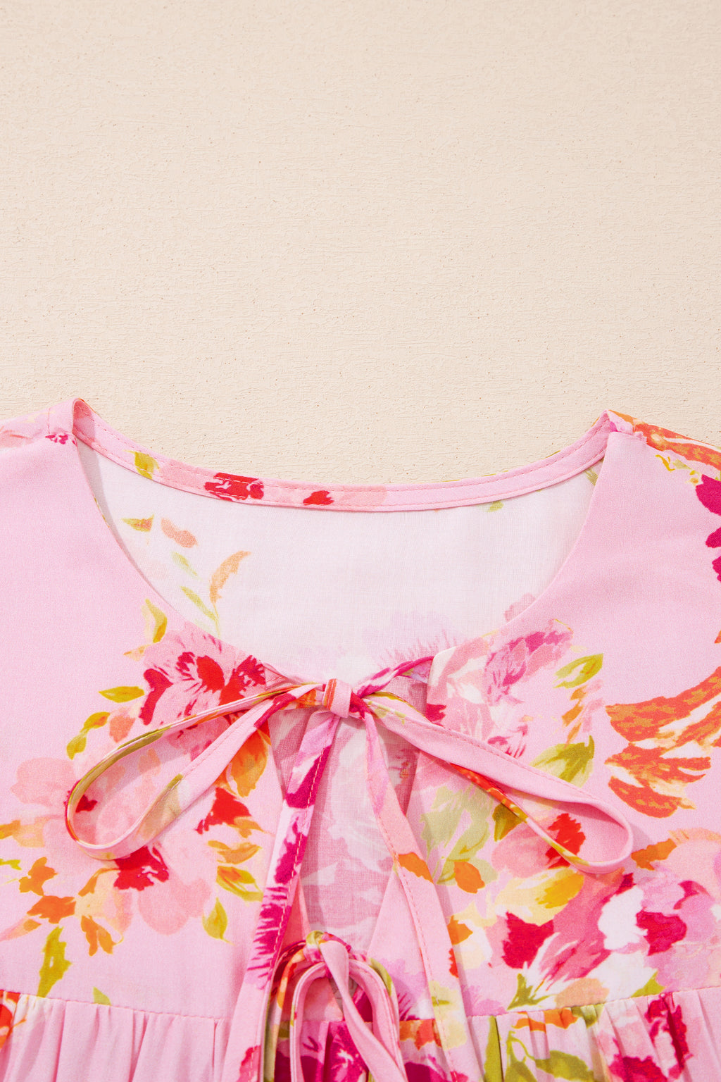 Shop Pink Floral Print Tie Neck Puffy Half Sleeve Blouse at LivelyLooks