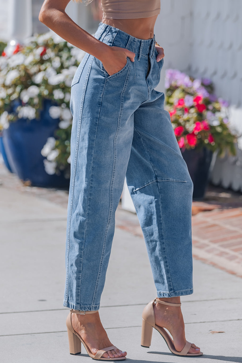 Shop Blue Medium Wash Cuffed Barrel Leg Jeans Mid-Rise Denim UK 4-16 at LivelyLooks