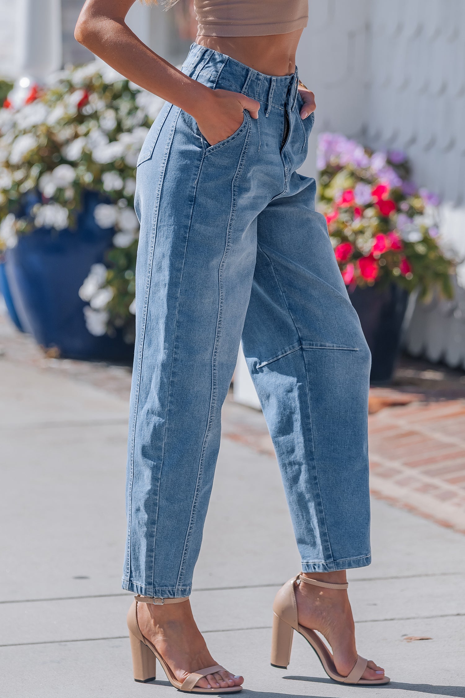Shop Blue Medium Wash Cuffed Barrel Leg Jeans Mid-Rise Denim UK 4-16 at LivelyLooks