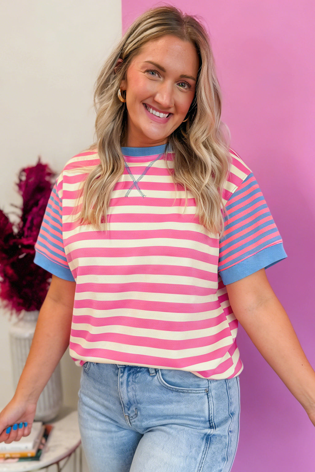 Pink Stripe Contrast Colourblock Short Sleeve Loose Tee