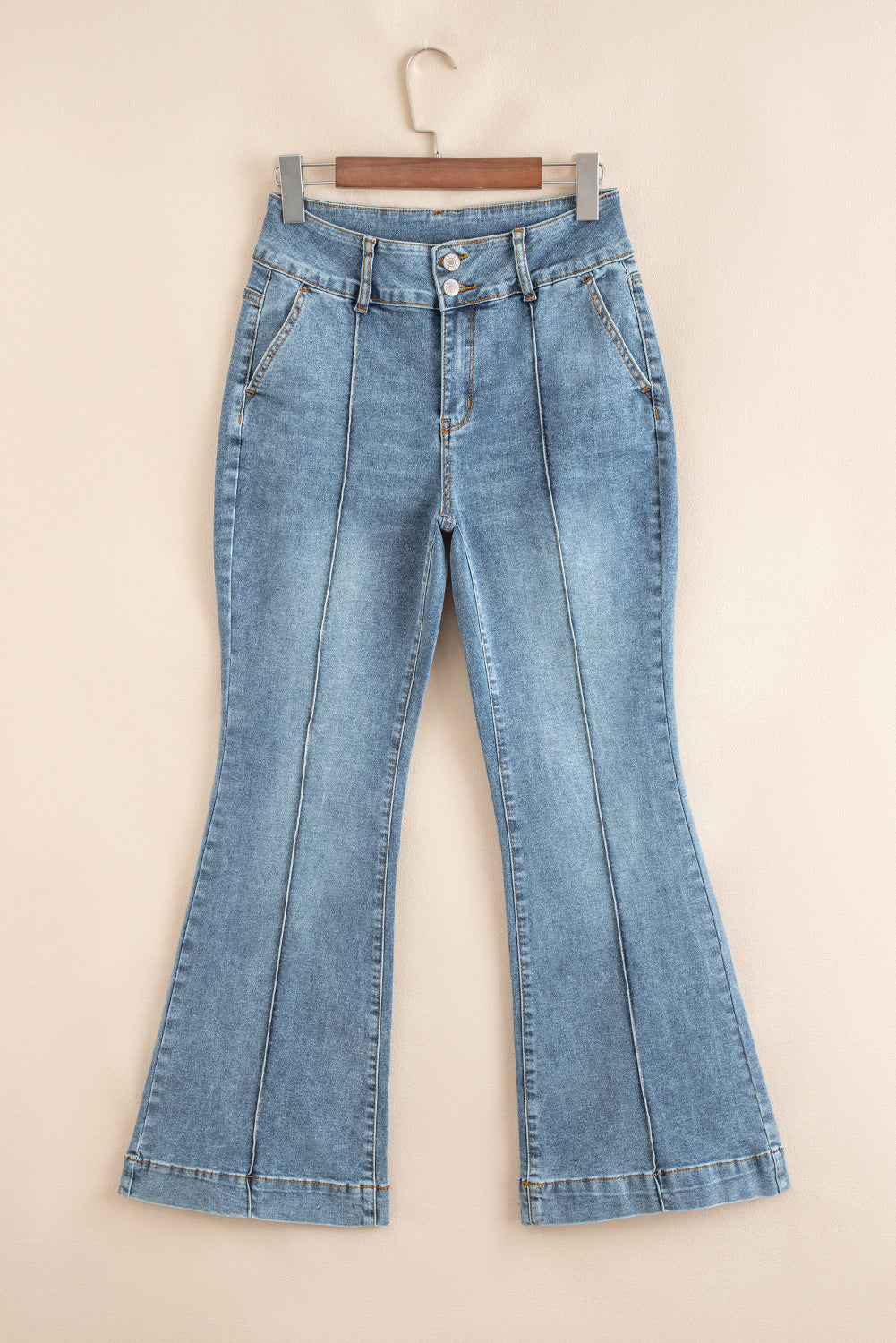 Shop Dusk Blue 2 Button High Waist Piping Trim Bootcut Jeans at LivelyLooks