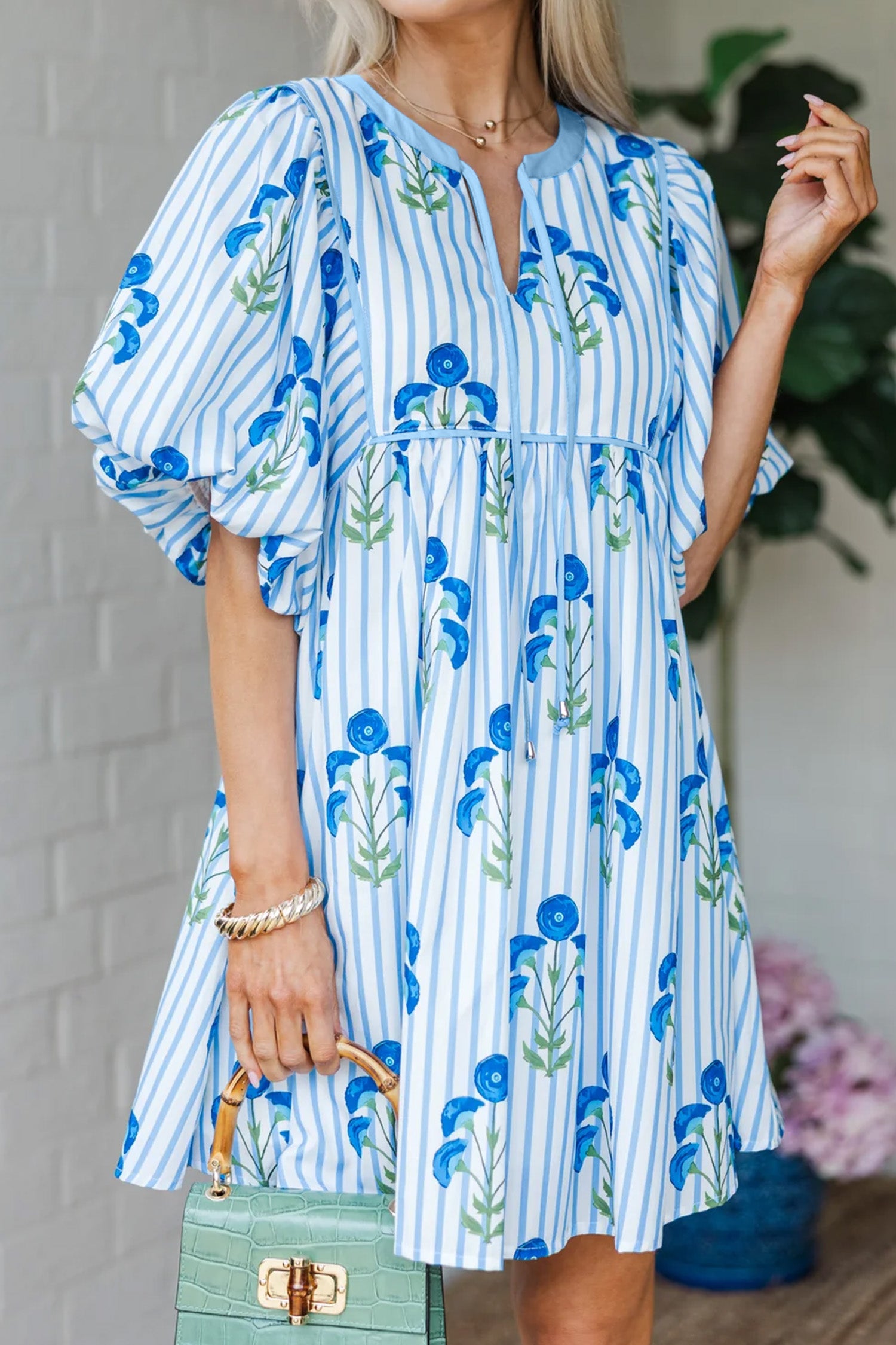 Floral Stripe Tie Notched Neck Puff Sleeve Mini Dress | Pink & Sky Blue | UK 8–18