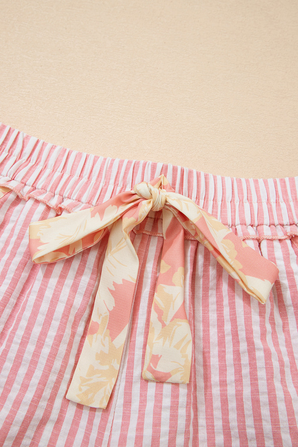Women's Light Pink Striped Floral Trim Ribbon Knot Casual Shorts at LivelyLooks