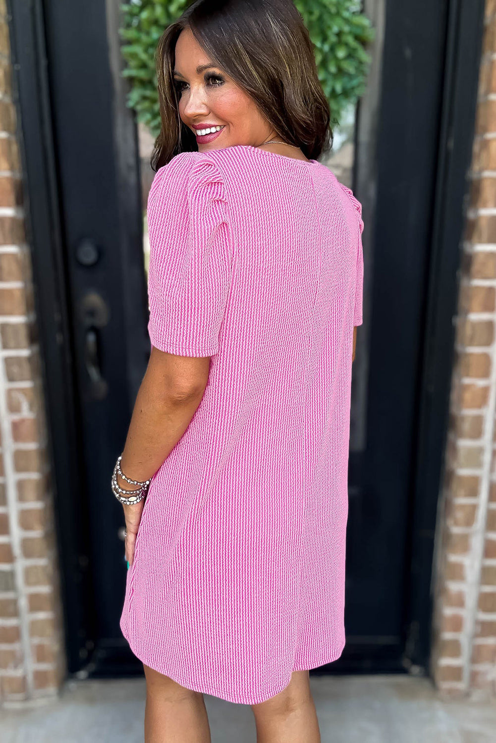 Corded Knit Crew Neck Puff Sleeve Shift Mini Dress S-XL