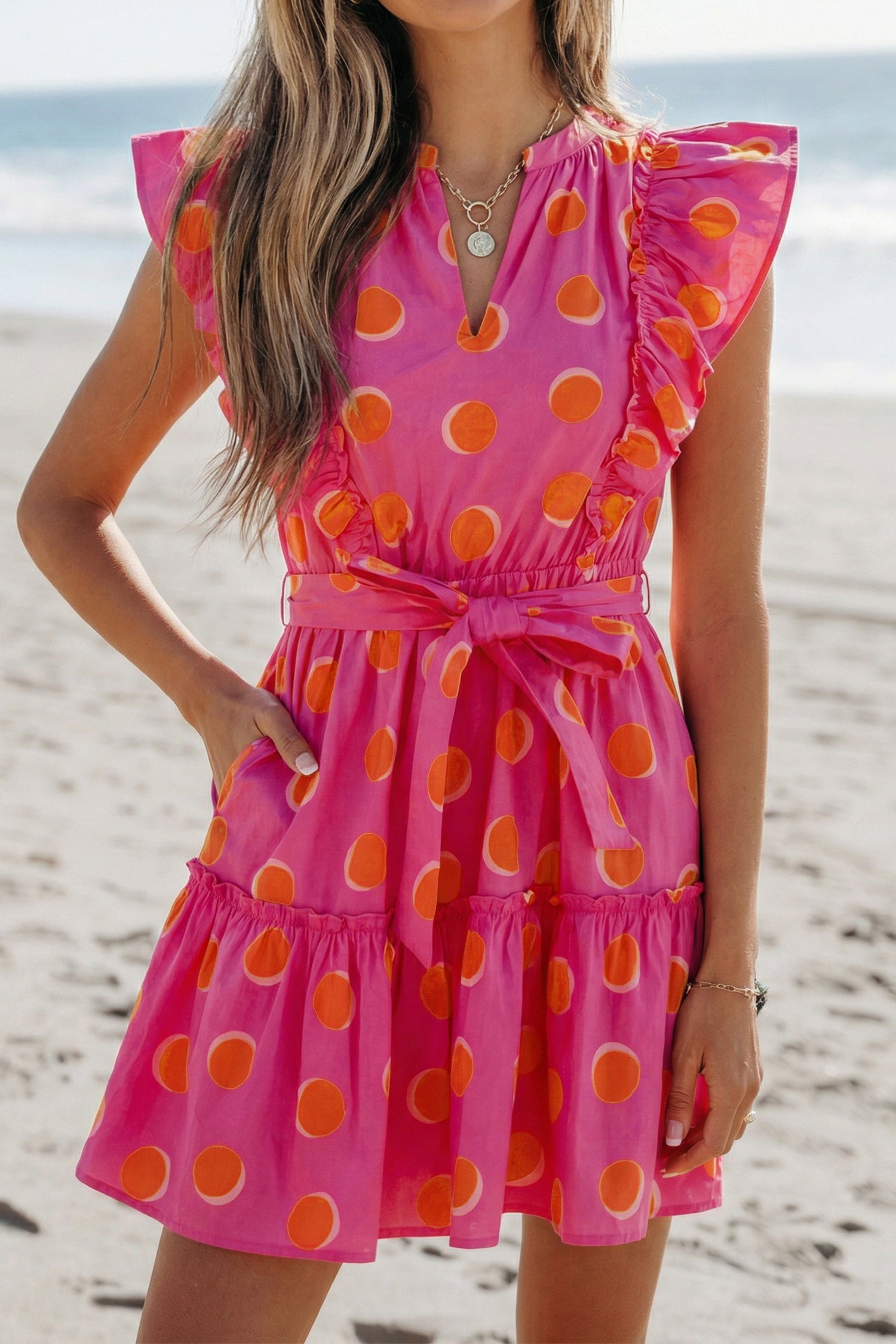 Rose Polka Dot V-Neck Ruffle Short Sleeve Knot Waist Mini Dress