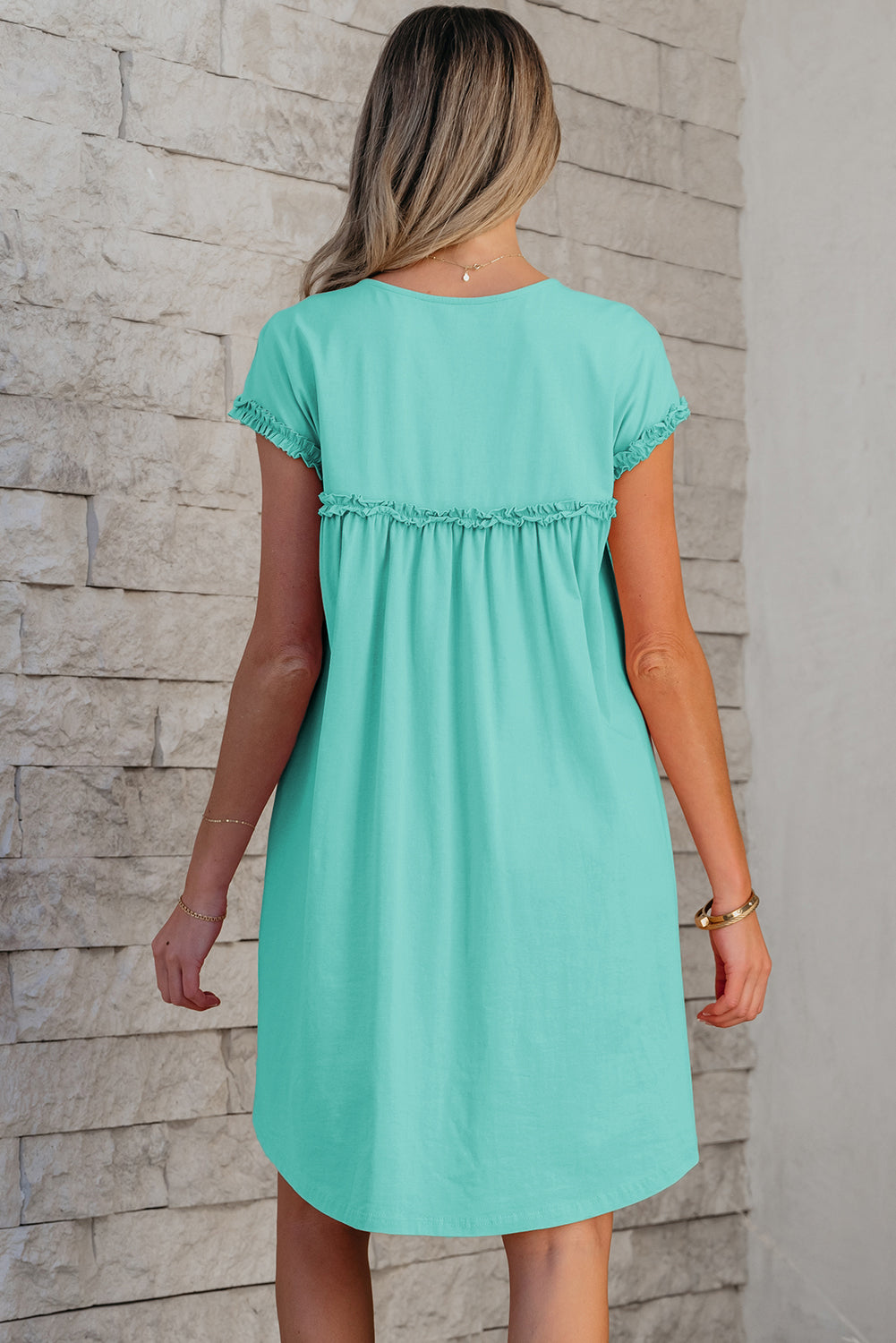 Beige & Mint Green Frilled Trim Crew Neck Loose Mini Dress S-XL