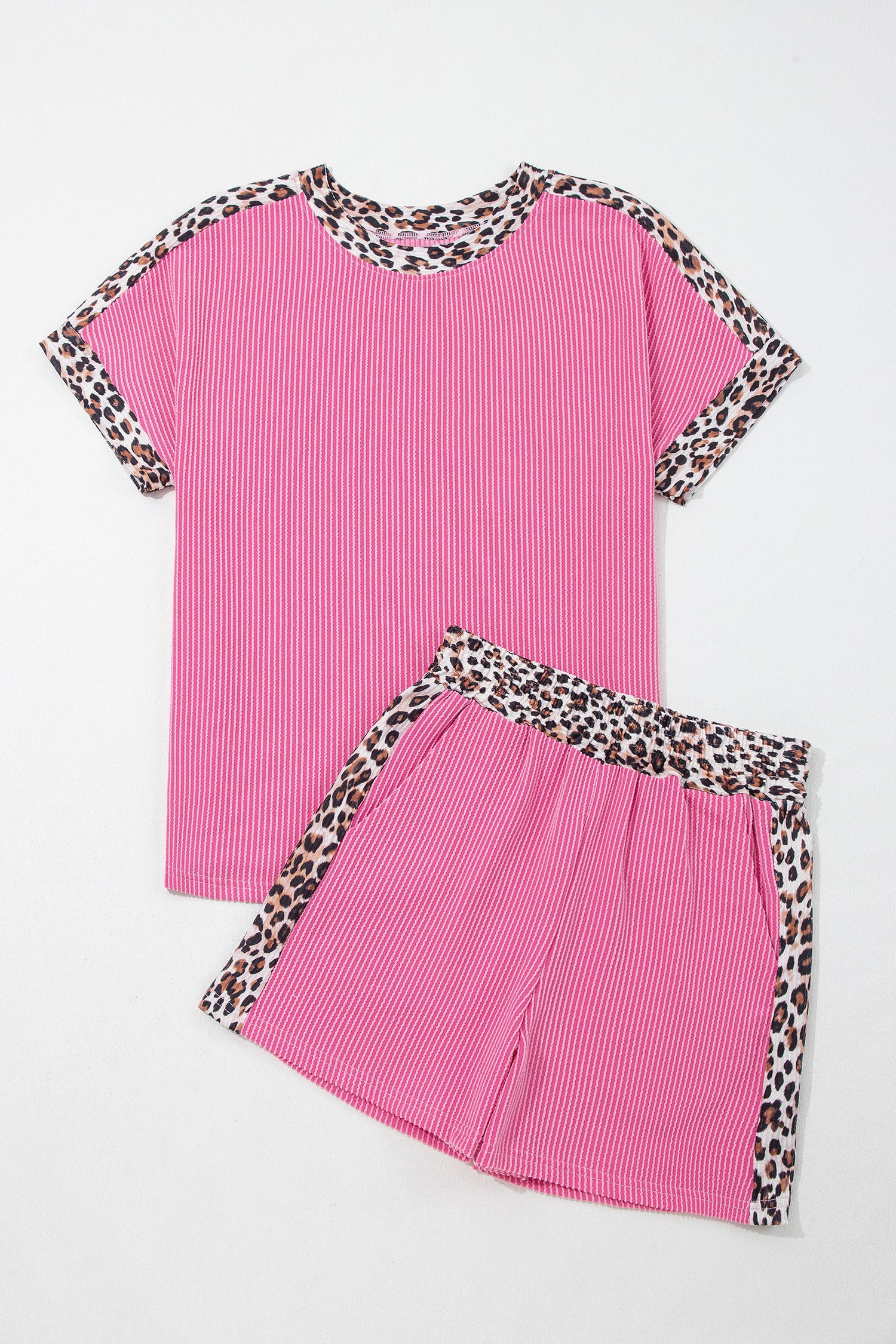 Ribbed Twist Short Set with Leopard Trim | Sky Blue, Light Grey & Sachet Pink