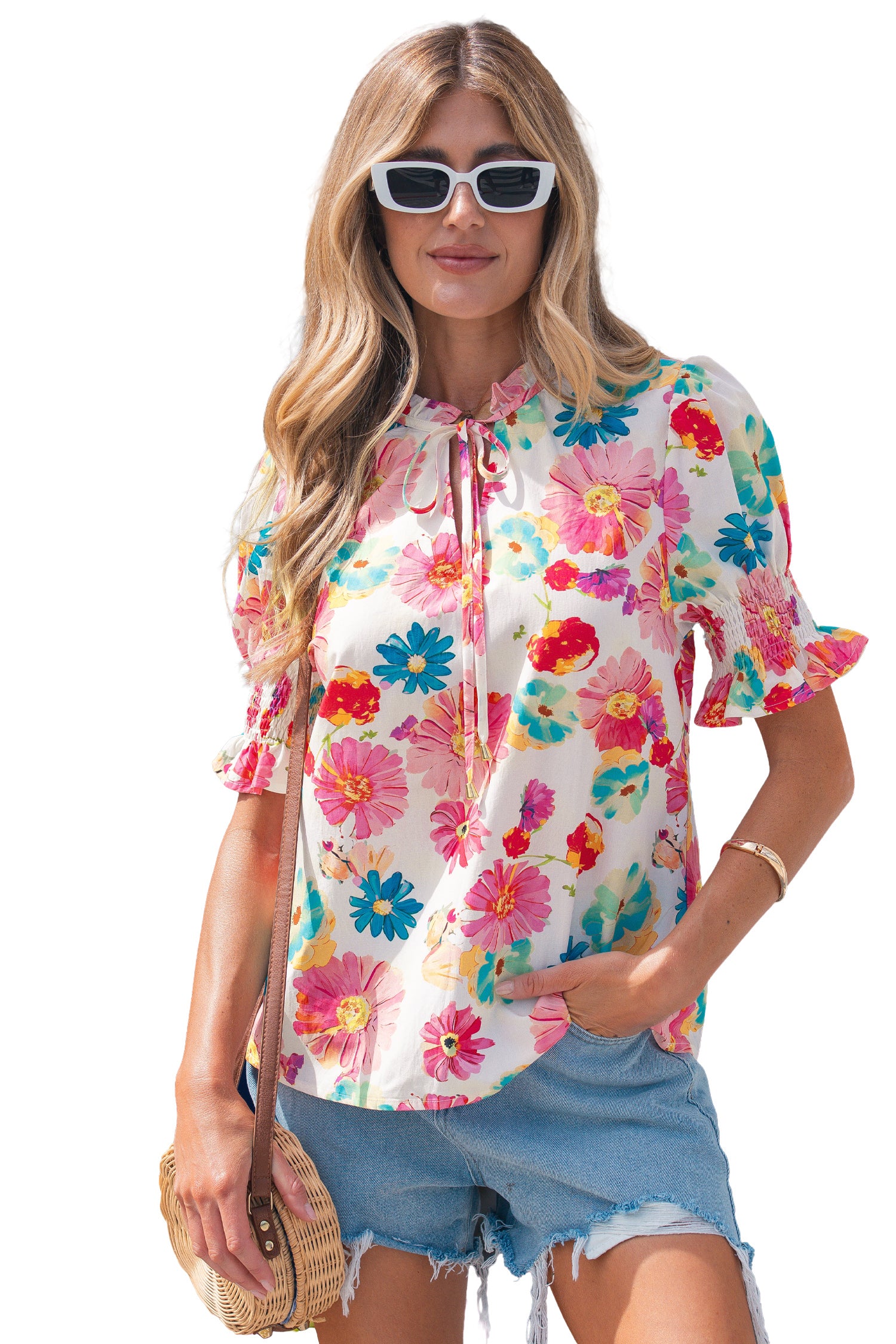 Beige Floral Blouse Tie V Neck Short Puff Sleeve Summer Women S-XL