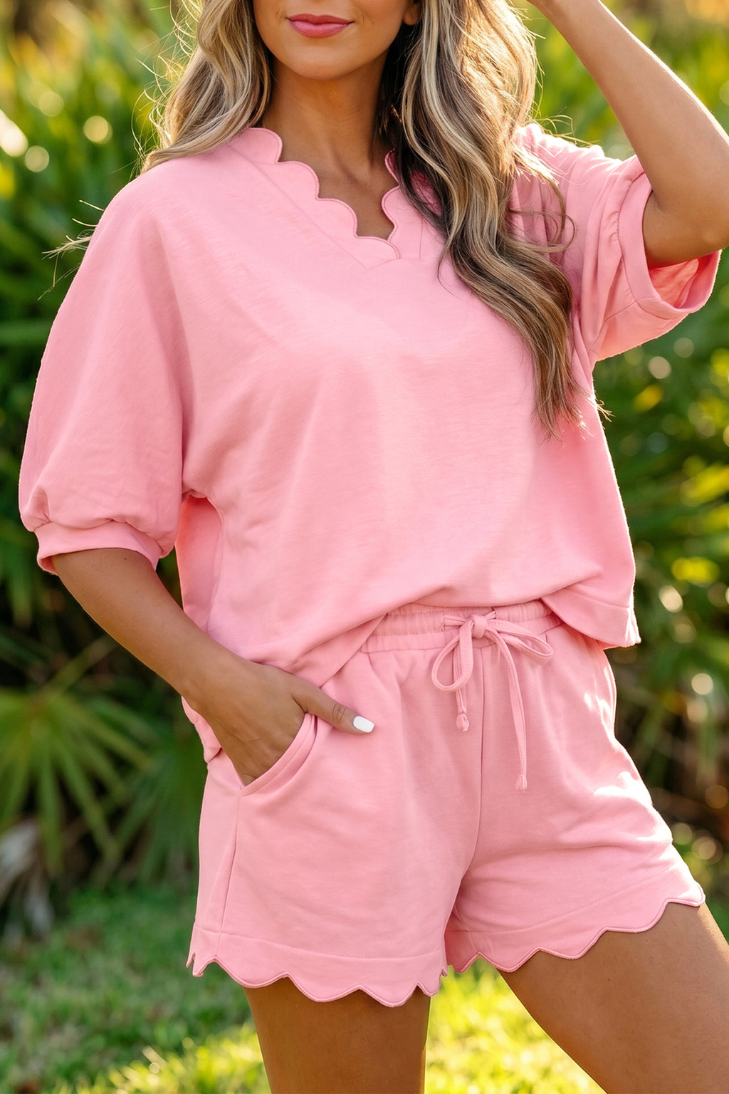 Gossamer Pink Scalloped V-Neck Dolman Top & Shorts Co-ord Set S-XL