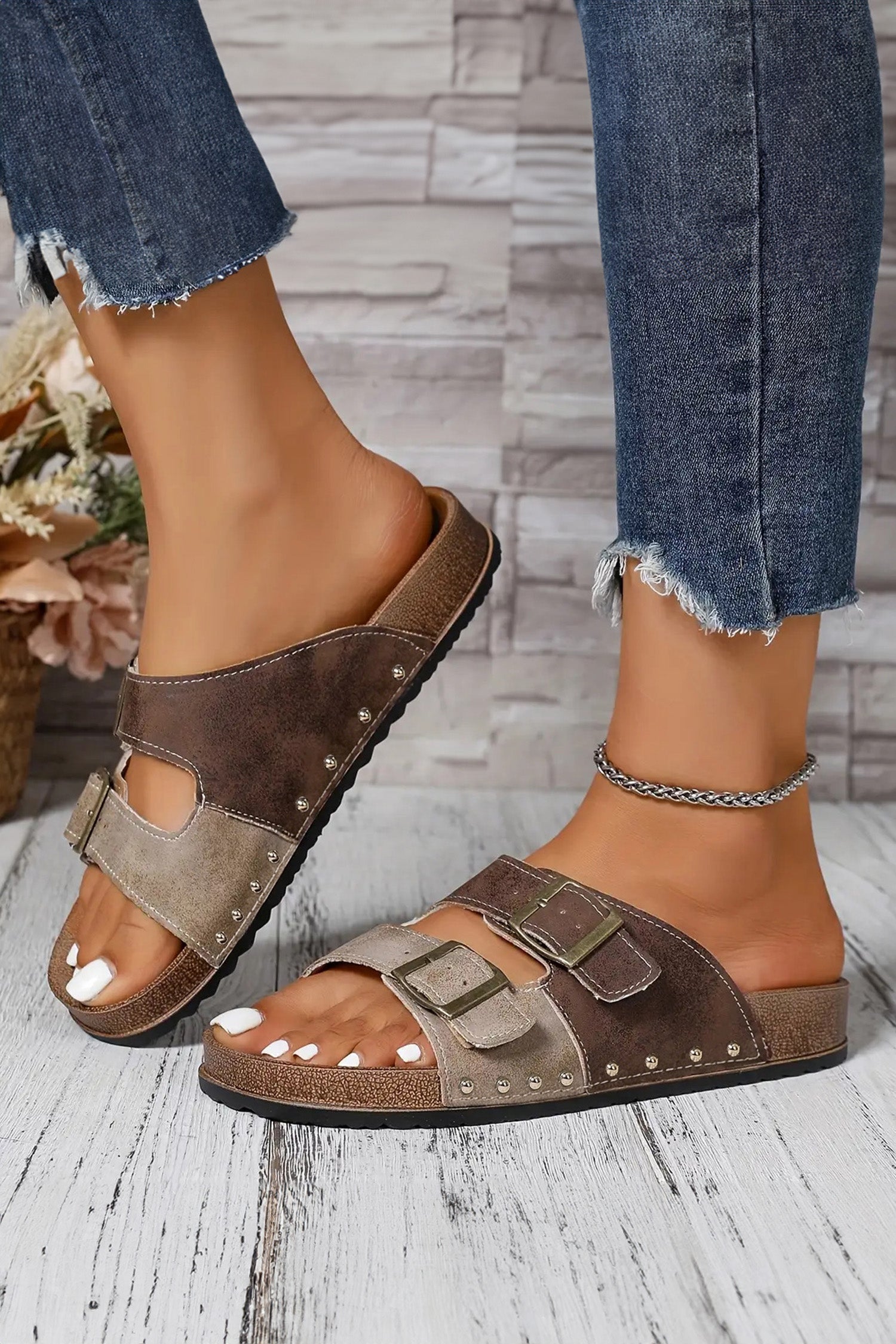 Women's Women's Coffee Leopard Two-Tone Retro Buckle Strap Hollowed Faux Suede Sandals EU 37-42 at LivelyLooks