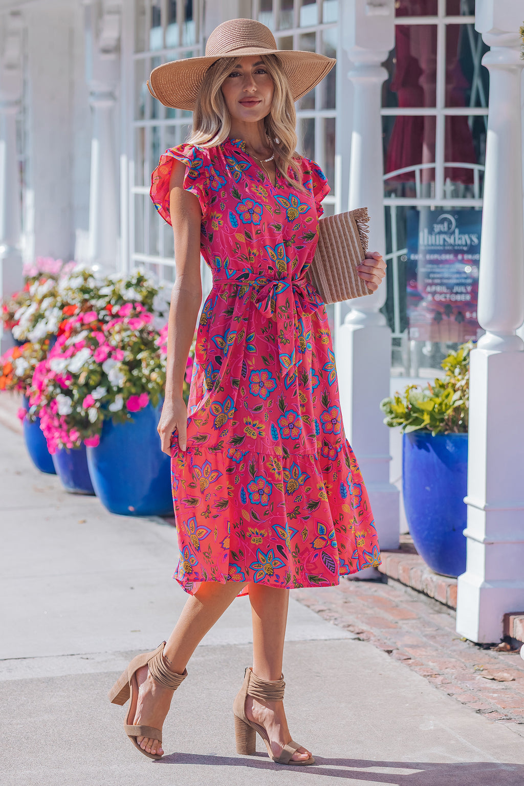 Women's Rose Flutter Sleeve Belted Floral Maxi Dress at LivelyLooks