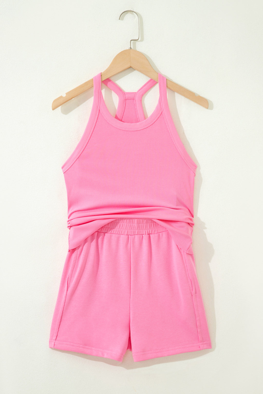 Ribbed Slim Tank Top & High Waist Shorts Set – Sky Blue, Pink & Green
