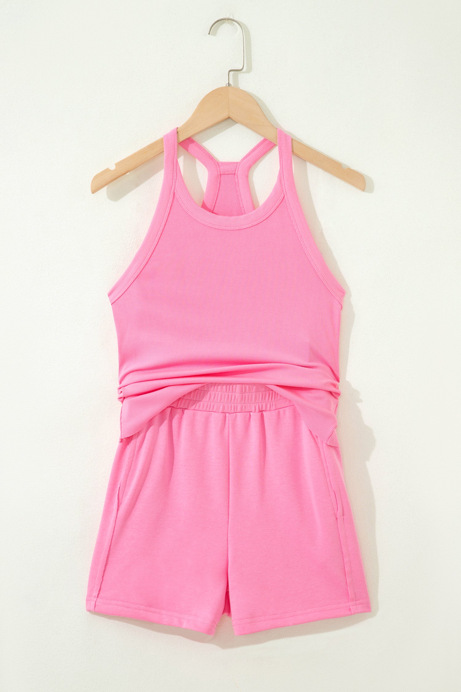 Ribbed Slim Tank Top & High Waist Shorts Set – Sky Blue, Pink & Green