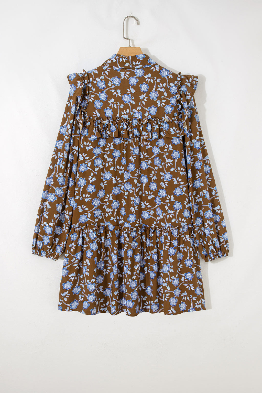 Brown Floral Print Shirt Dress Ruffled Detail Collar Button Down Long Sleeve Women S-XL