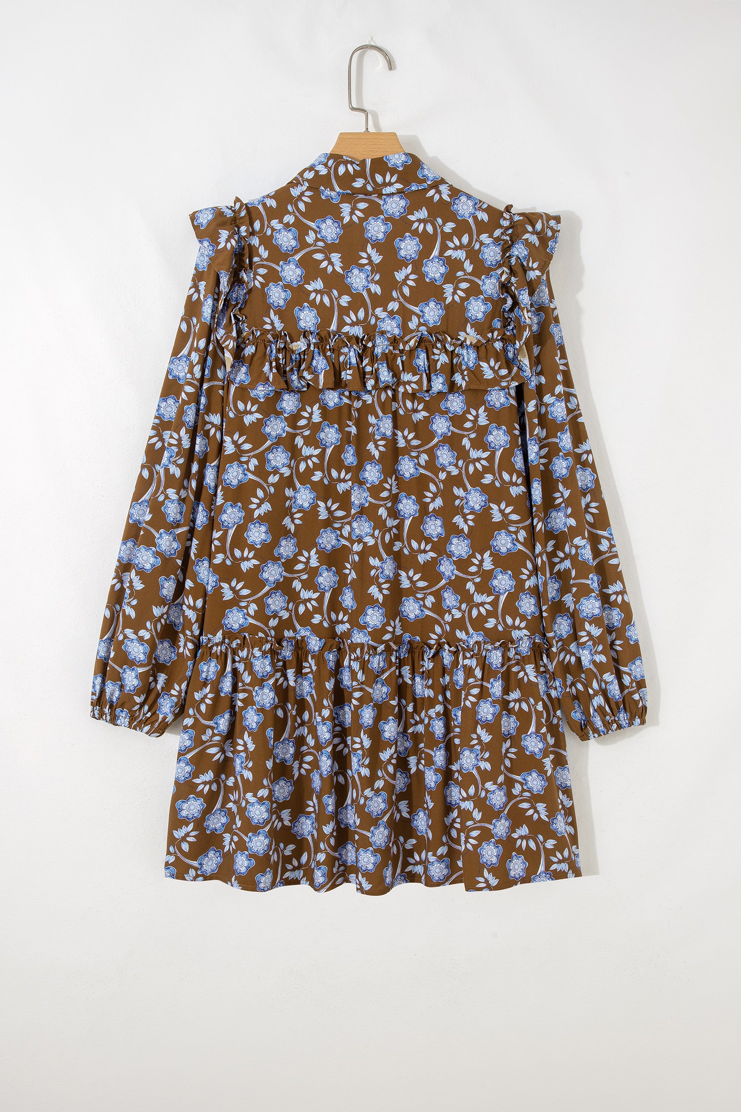 Brown Floral Print Shirt Dress Ruffled Detail Collar Button Down Long Sleeve Women S-XL