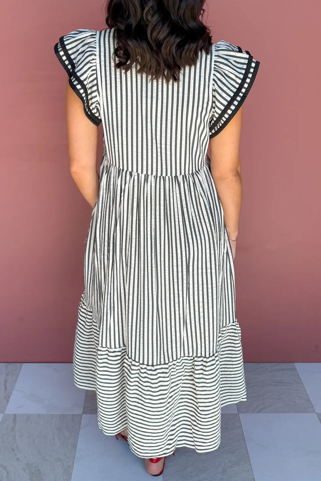 Black & Brown Stripe Plus Size Tiered Flutter Sleeve Maxi Dress